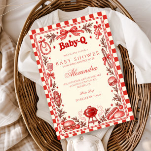 Invitación Fiesta Retro de Baby-Q de Bebé en Rojo a Cuadros