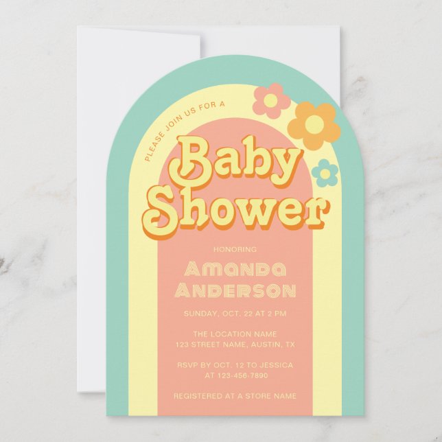 Invitación Fiesta Retro de Baby Shower Arcoiris Groovy Arco F (Anverso)