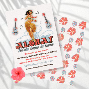Invitación Fiesta Retro de Chica Hula de Luau Hawaiano
