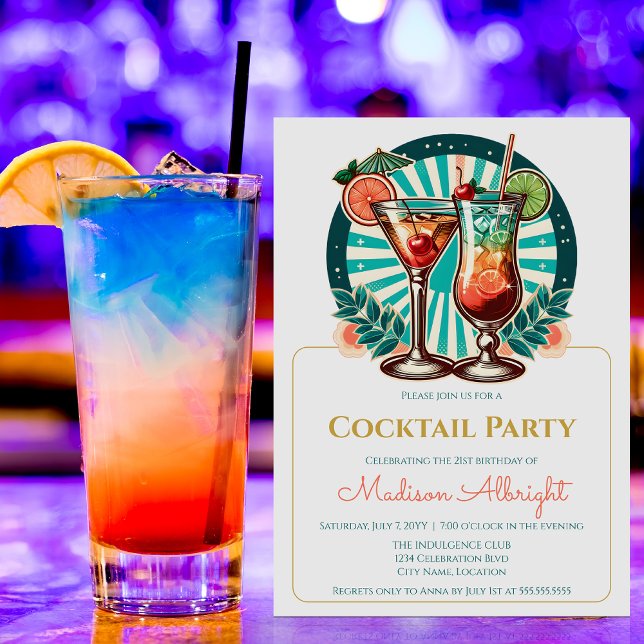 Invitación Fiesta Retro de Cócteles (Retro cocktail party invitation front view.)