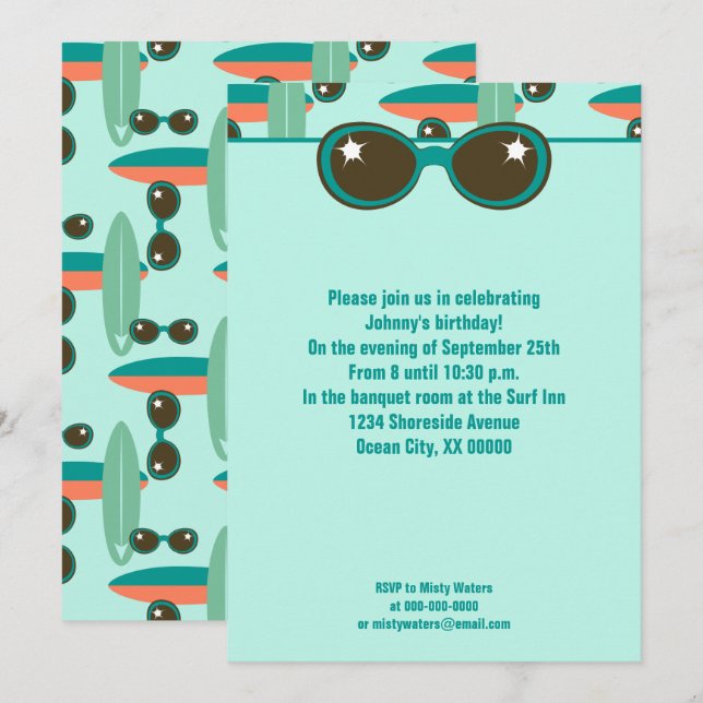 Invitación Fiesta Retro de gafas de sol y tablas de surf (Anverso / Reverso)