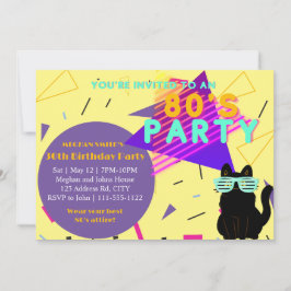 Invitación Fiesta Retro de Gatos Geniales de los 80 Negros Pe