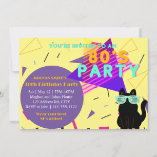 Invitación Fiesta Retro de Gatos Geniales de los 80 Negros Pe