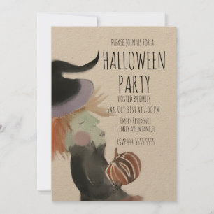 Invitación Fiesta Retro de Halloween Calabaza Bruja Acuarela