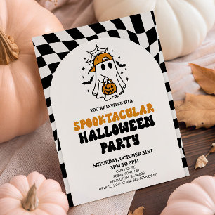 Invitación Fiesta Retro de Halloween con Tablero de Damas Esp