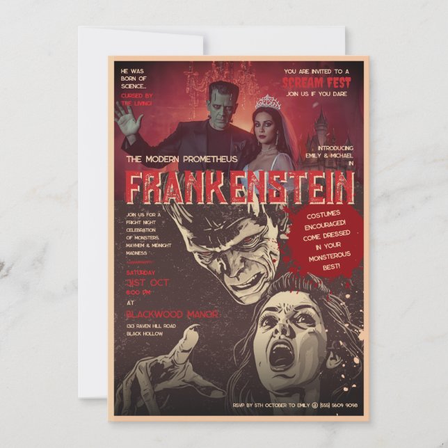 Invitación Fiesta Retro de Halloween de Frankenstein de Terro (Anverso)