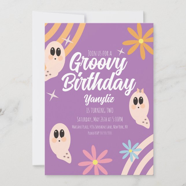 Invitación Fiesta Retro de Halloween Floral Fantasma Groovy (Anverso)