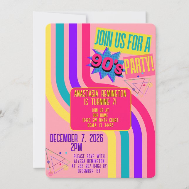 Invitación Fiesta Retro de los 90 Rosa Cumpleaños Nostálgico (Anverso)