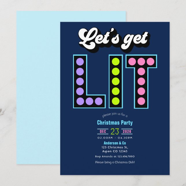Invitación Fiesta Retro de Navidad Ártica Pop Let's Get Lit (Anverso / Reverso)