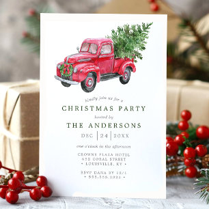 Invitación Fiesta Retro de Navidad con Camión Rojo Acuarela