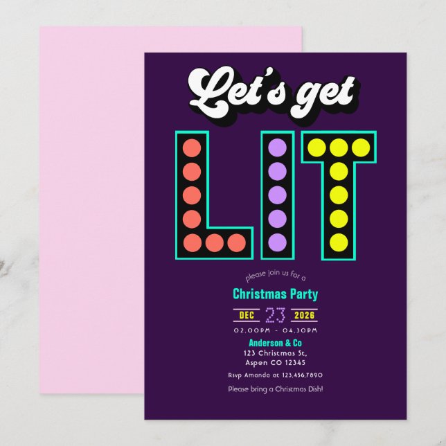 Invitación Fiesta Retro de Navidad Let's Get Lit (Anverso / Reverso)