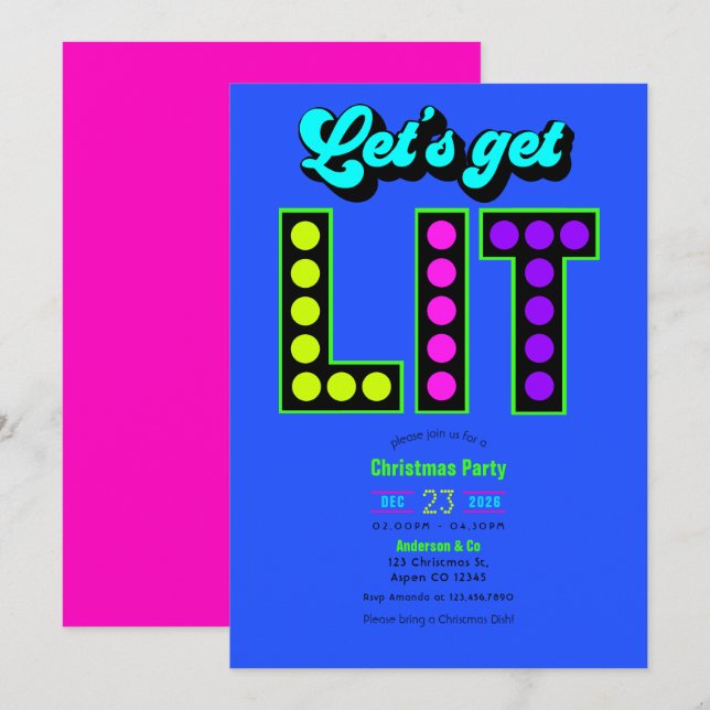 Invitación Fiesta Retro de Navidad Neon Glow Let's Get Lit (Anverso / Reverso)