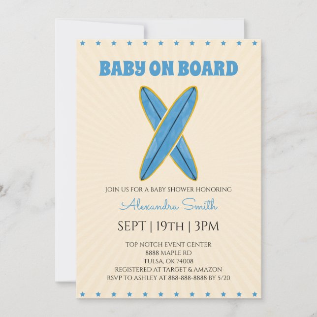 Invitación Fiesta Retro de Surf para Baby Shower (Anverso)