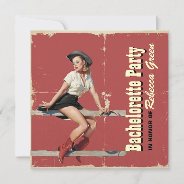 Invitación fiesta retro del bachelorette del país occidental (Anverso)