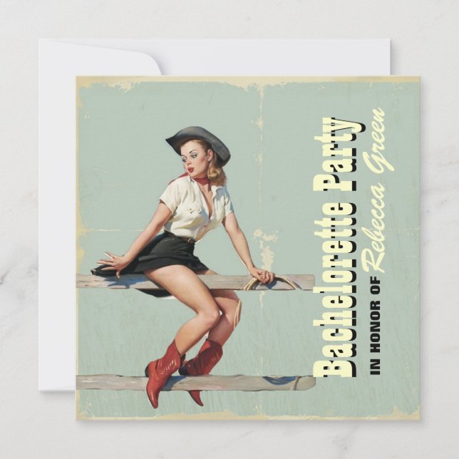 Invitación fiesta retro del bachelorette del país occidental (Anverso)