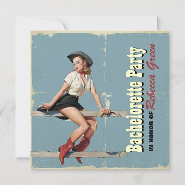 Invitación fiesta retro del bachelorette del país occidental (Anverso)
