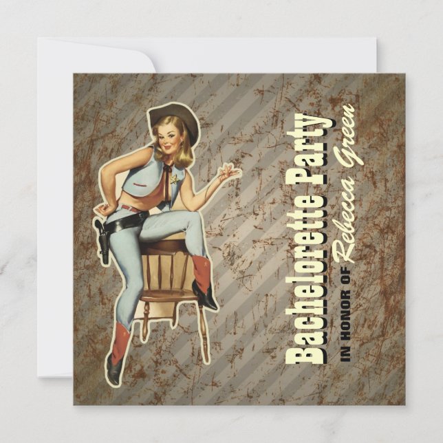 Invitación fiesta retro del bachelorette del país occidental (Anverso)