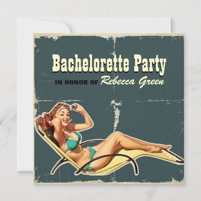 Invitación fiesta retro del bachelorette del traje de baño de (Anverso)