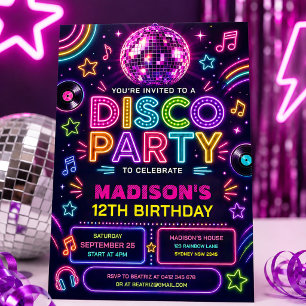 Invitación Fiesta Retro Disco Neon Glow Cumpleaños
