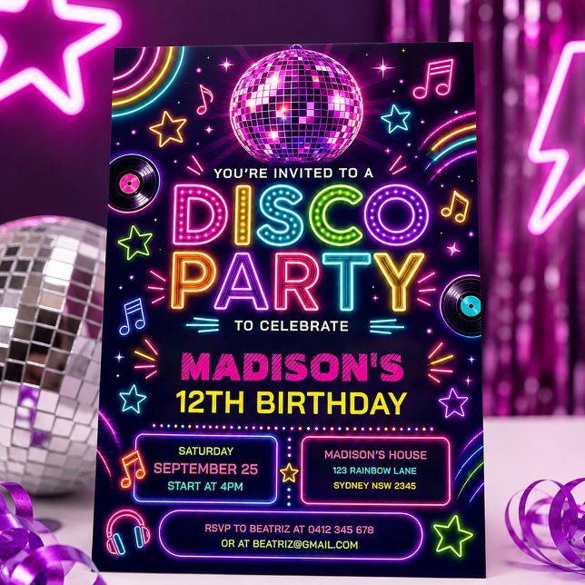 Invitación Fiesta Retro Disco Neon Glow Cumpleaños (Subido por el creador)