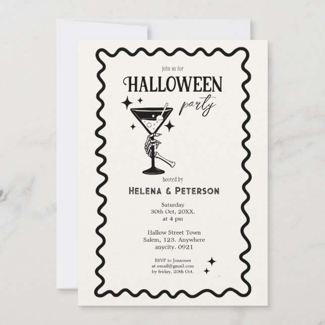 Invitación Fiesta Retro Divertida de Halloween en Blanco y Ne (Anverso)