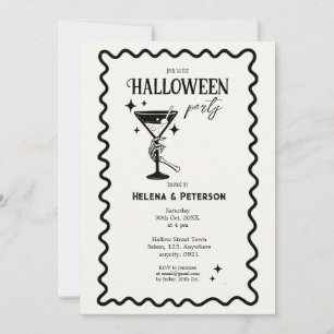 Invitación Fiesta Retro Divertida de Halloween en Blanco y Ne