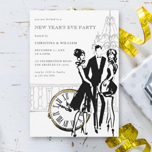 Invitación Fiesta retro elegante de la víspera de Año Nuevo (Subido por el creador)