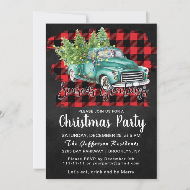 Invitación Fiesta Retro Green Truck Buffalo Plaid Navidades (Anverso)