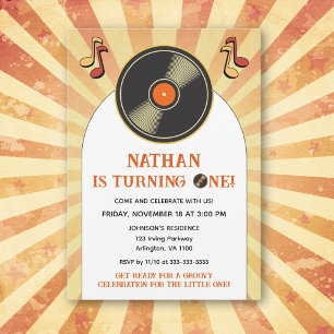 Invitación Fiesta Retro Groovy Cumpleaños de Niños 1er Vinilo