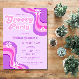 Invitación fiesta Retro Groovy de los años 70 Daisies Cumplea