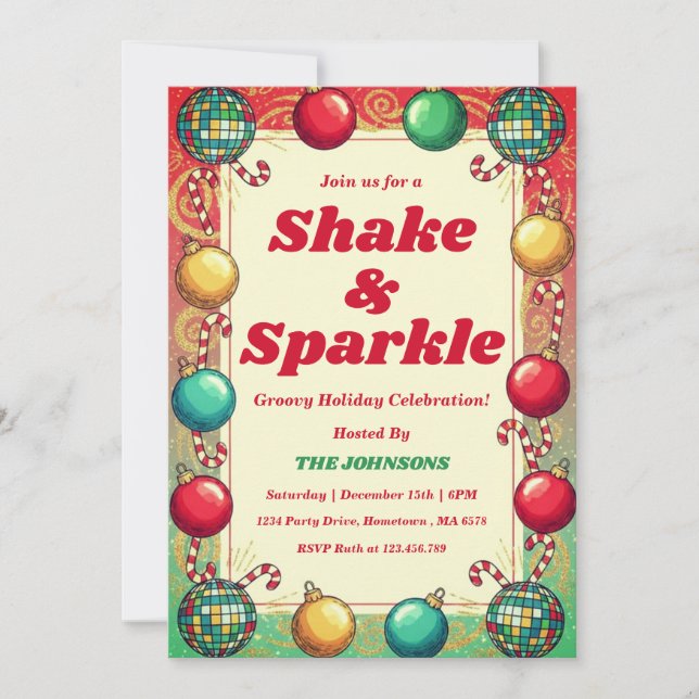 Invitación Fiesta Retro Groovy Shake & Sparkle de Vacaciones (Anverso)
