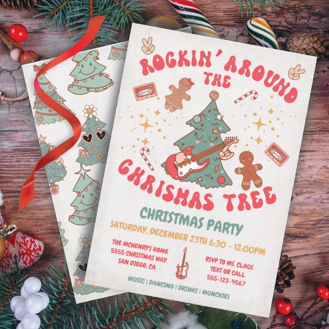 Invitación Fiesta retro hippie del árbol de Navidad de Rockin (Subido por el creador)