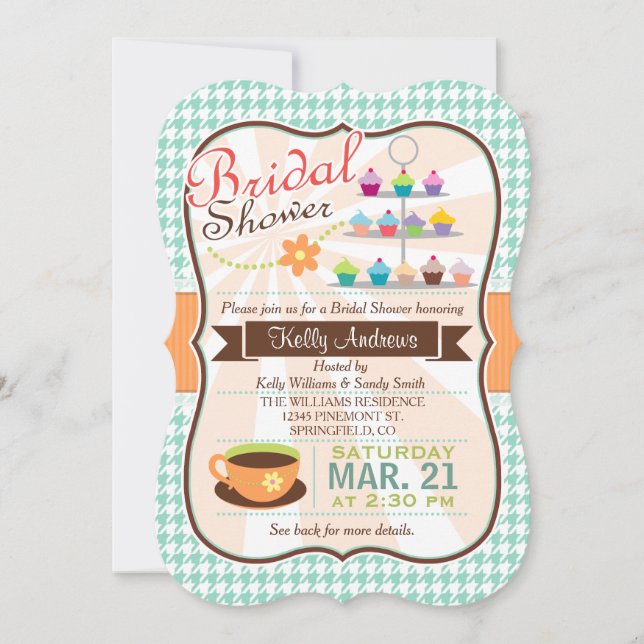 Invitación Fiesta Retro Houndstoth Tea, Cupcake Bridal Shower (Anverso)