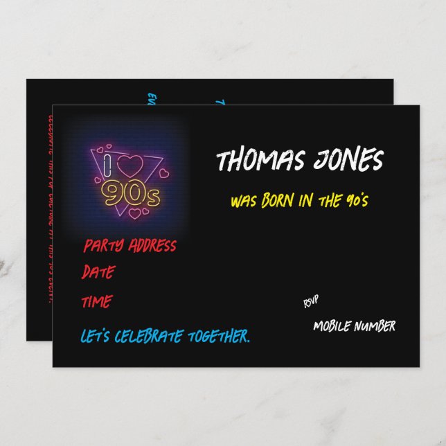 Invitación Fiesta Retro Temática Personalizada de los 90 (Anverso / Reverso)