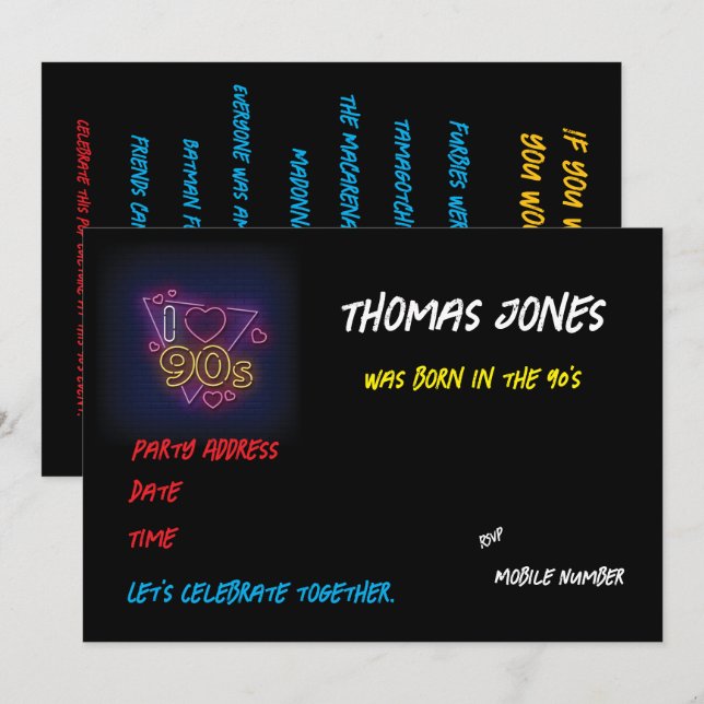 Invitación Fiesta retro temático personalizado de los años 90 (Anverso / Reverso)