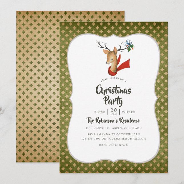 Invitación Fiesta Retro Vintage Reindeer Navidades (Anverso / Reverso)