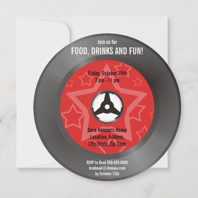 Invitación Fiesta Retro Vinyl Rojo (Reverso)