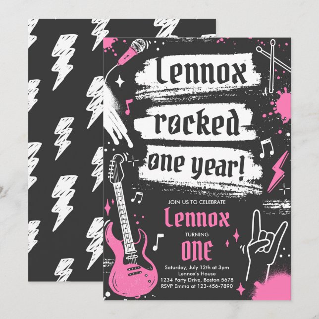 Invitación Fiesta rockero y rockero sacudió un año primer cum (Anverso / Reverso)