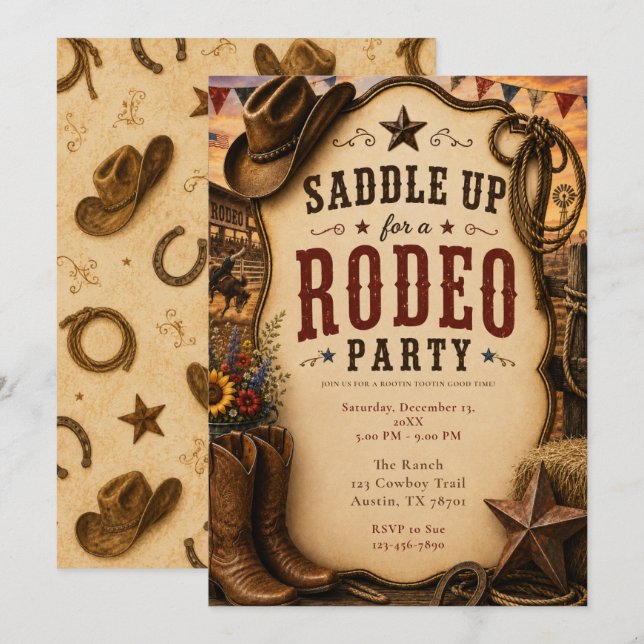 Invitación Fiesta Rodeo Rústico (Anverso / Reverso)