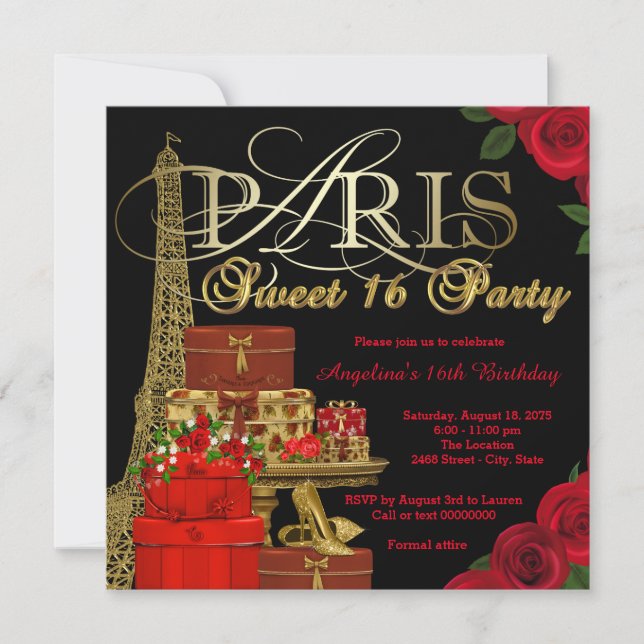 Invitación Fiesta Roja de Dulces 16 de París (Anverso)