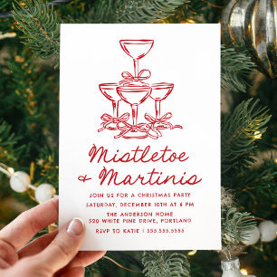 Invitación Fiesta Roja de Navidad con Muérdago y Martinis Ele