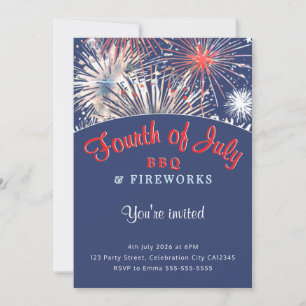 Invitación Fiesta Rojo Blanco Azul fuegos artificiales 4 de j