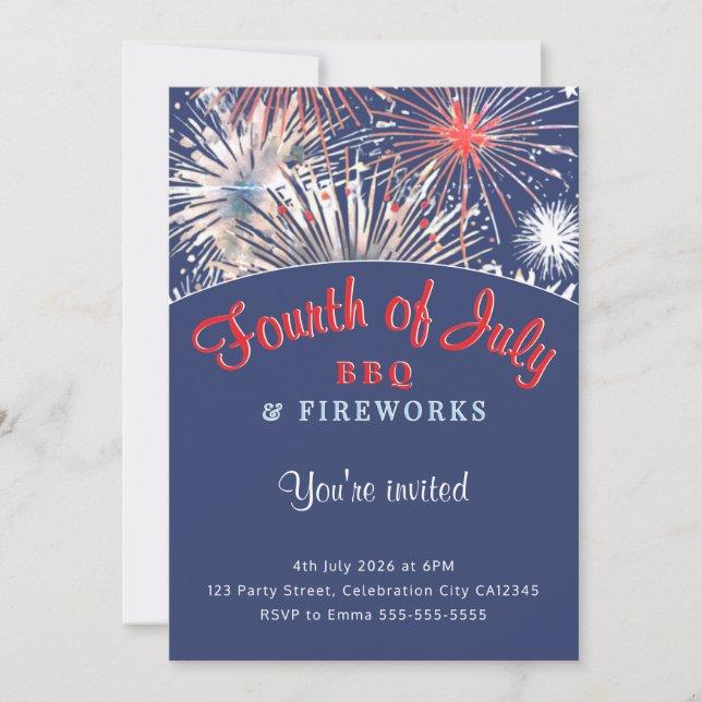 Invitación Fiesta Rojo Blanco Azul fuegos artificiales 4 de j (Anverso)
