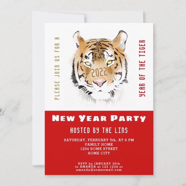 Invitación Fiesta rojo de la acuarela del tigre de Año Nuevo  (Anverso)