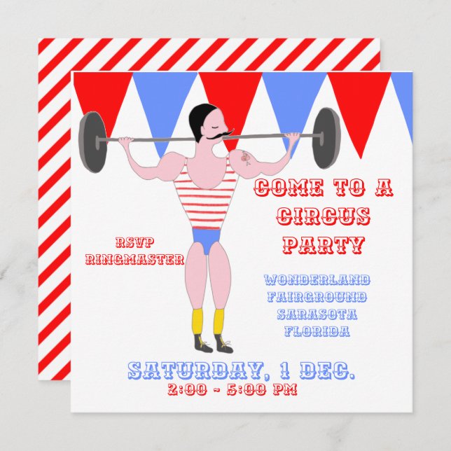 Invitación Fiesta rojo de la raya de la tienda de circo del (Anverso / Reverso)