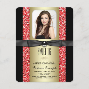 Invitación Fiesta rojo del dulce 16 del purpurina del negro y