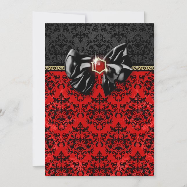 Invitación Fiesta rojo negro formal del damasco del oro (Anverso)