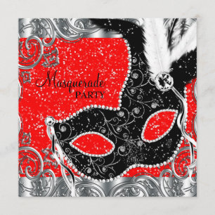 Invitación Fiesta rojo y negro de plata de la mascarada de la