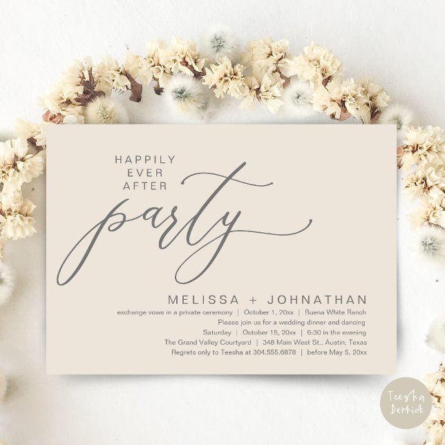 Invitación Fiesta Romántica de Cena de Boda Fugaz con Final F (Romantic Modern Happily Ever After Party Elopement Dinner Invitation Card PDF in Classy Cream Grey)