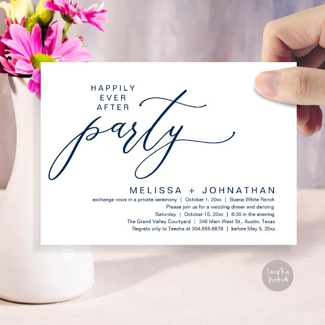 Invitación Fiesta Romántica de Cena de Boda Fugaz con Final F (Romantic Modern Happily Ever After Party Elopement Dinner Invitation Card PDF in Classy Navy Blue)
